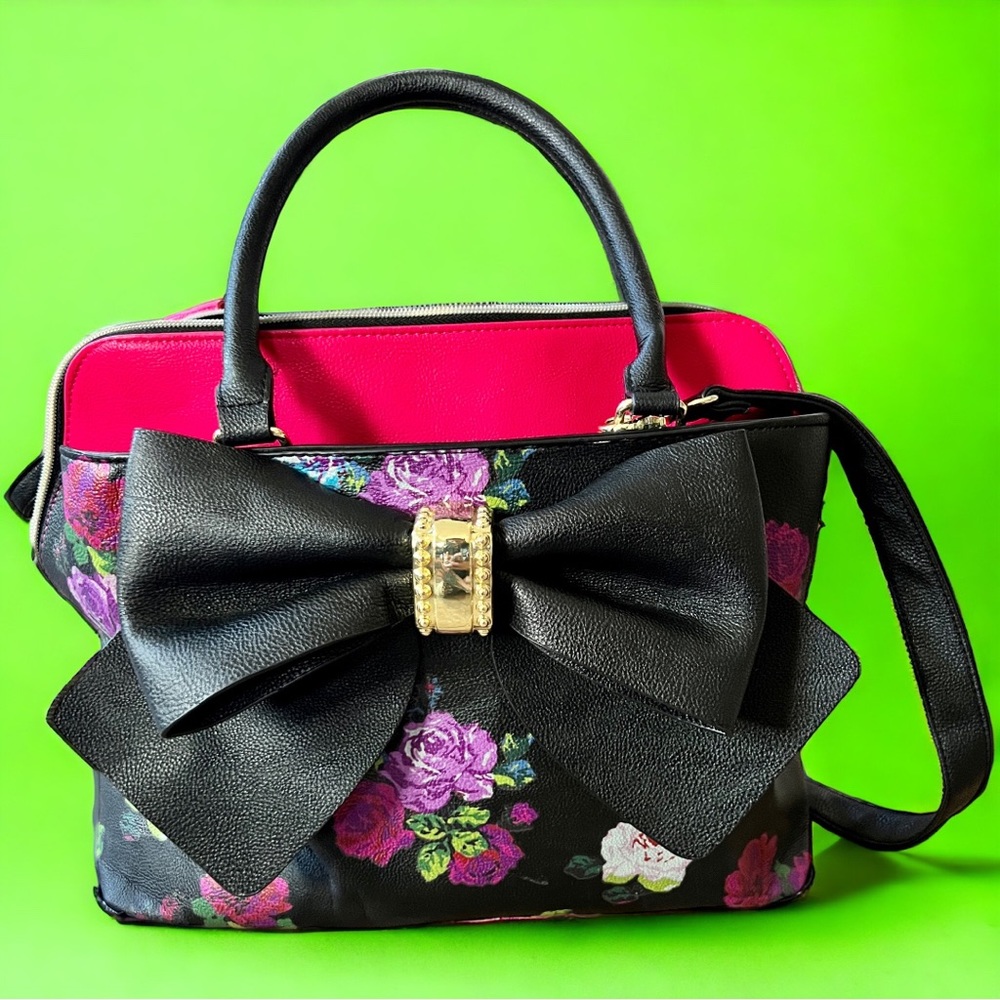 Betsey Johnson Black Floral Bow Satchel Crossbody Bag